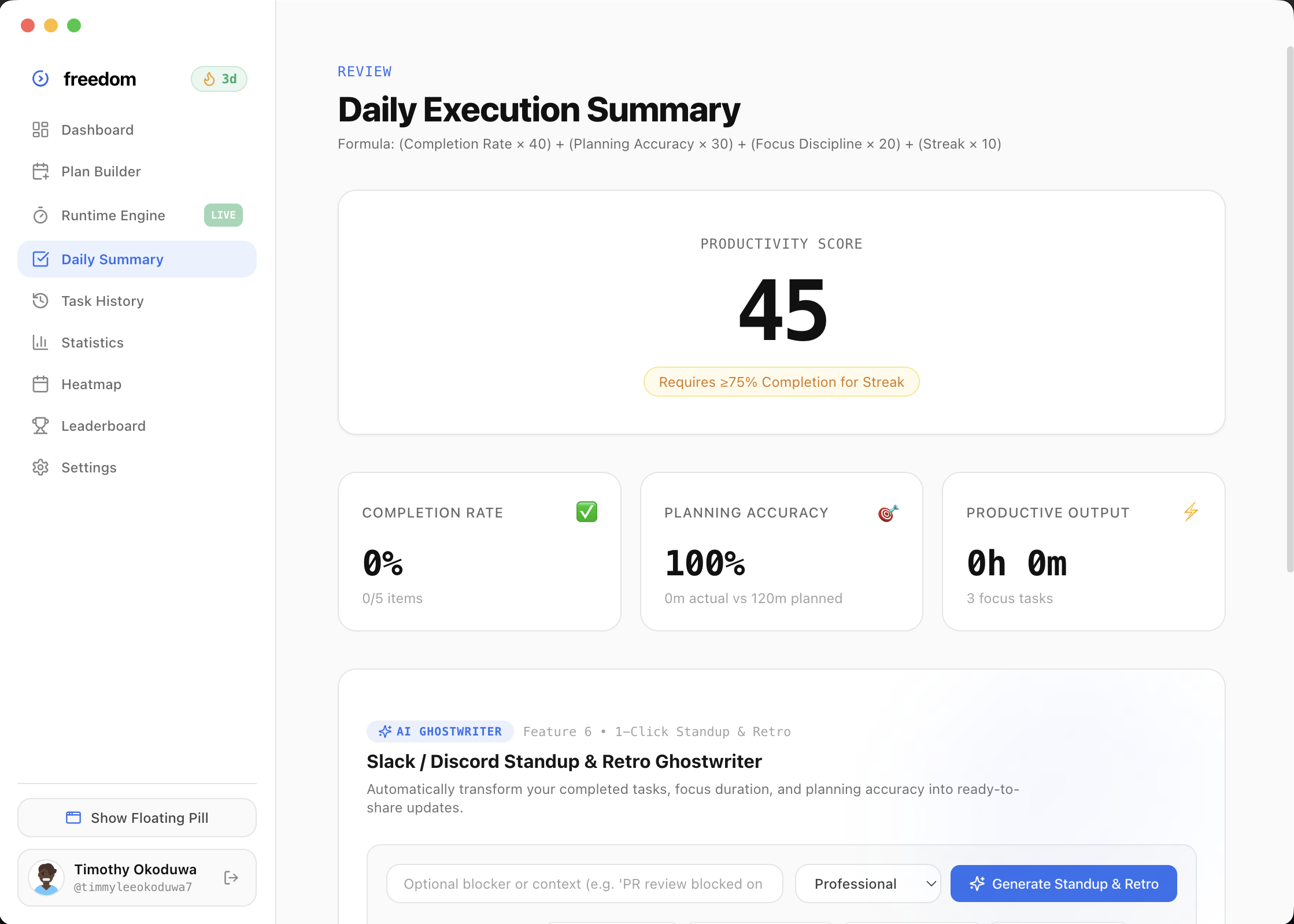 Freedom Daily Execution Summary Score Screen on Desktop