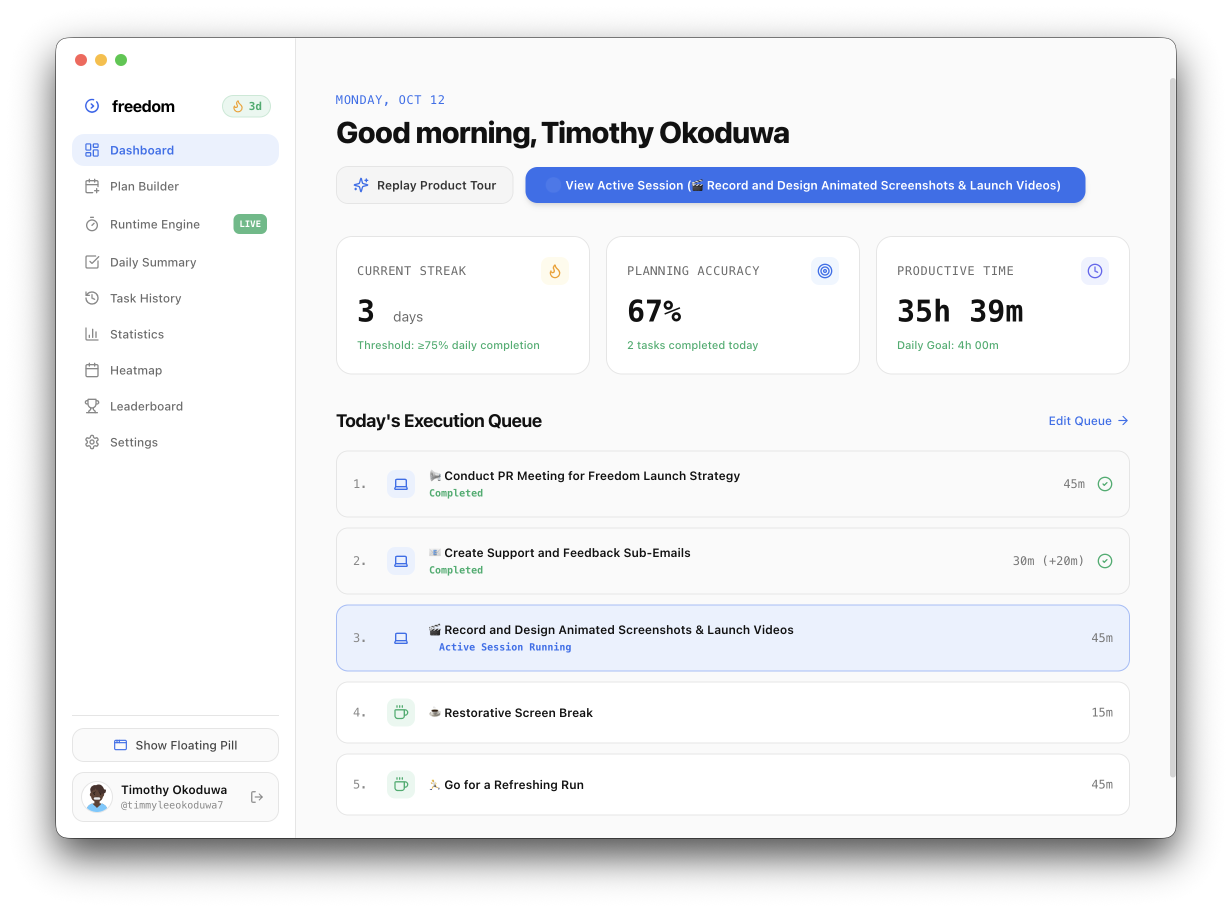 Freedom Desktop App Dashboard with Real Execution Metrics