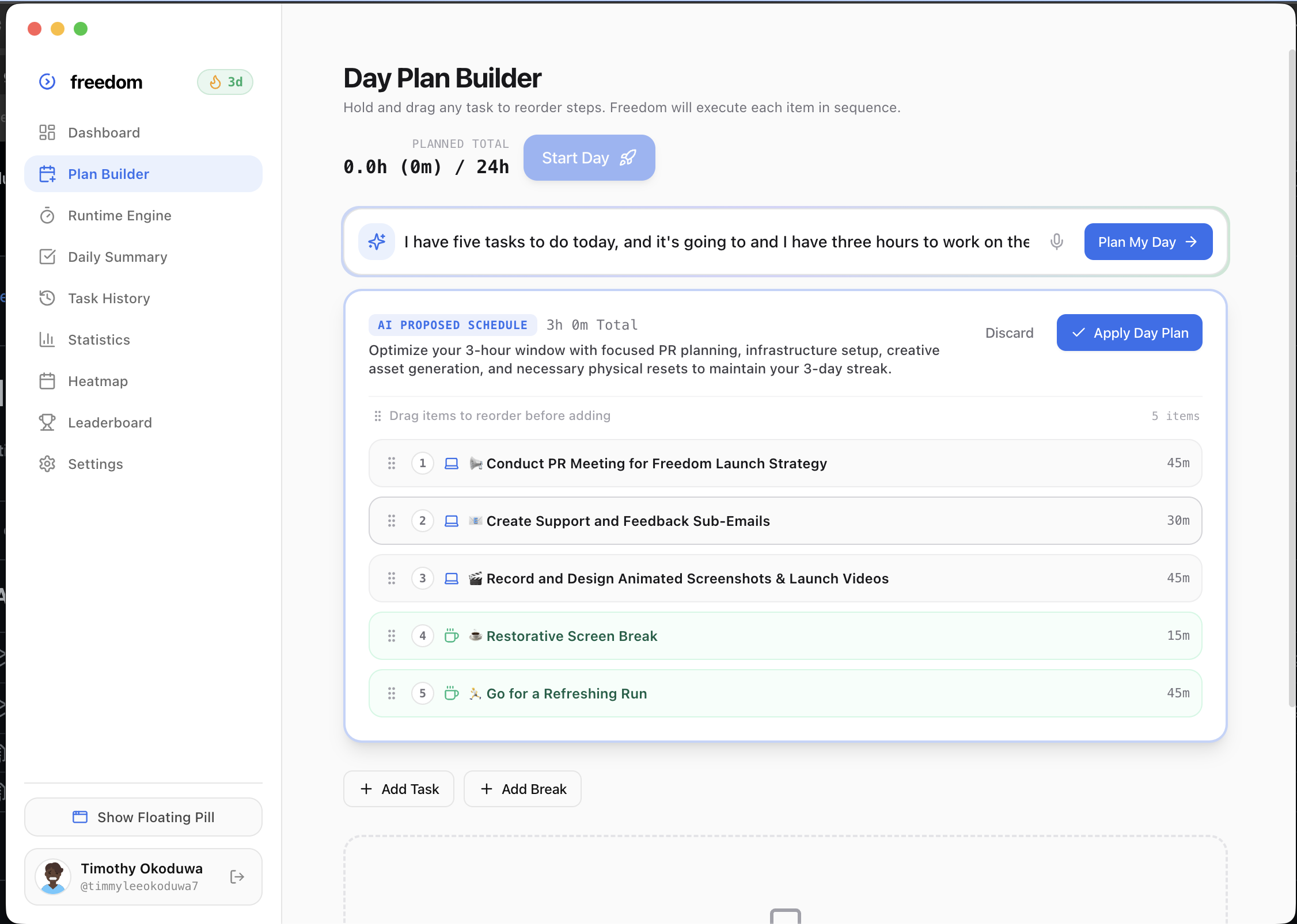 Freedom AI Prompt-to-Plan Day Proposal in Desktop App