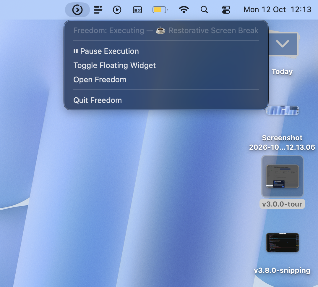 Freedom macOS Menu Bar Tray Controls and Live Execution Menu